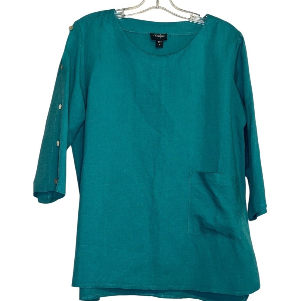 Toofan 100% Linen Button Sleeve Top Tunic Teal Green Pocket Boho‎ Casual Size L
